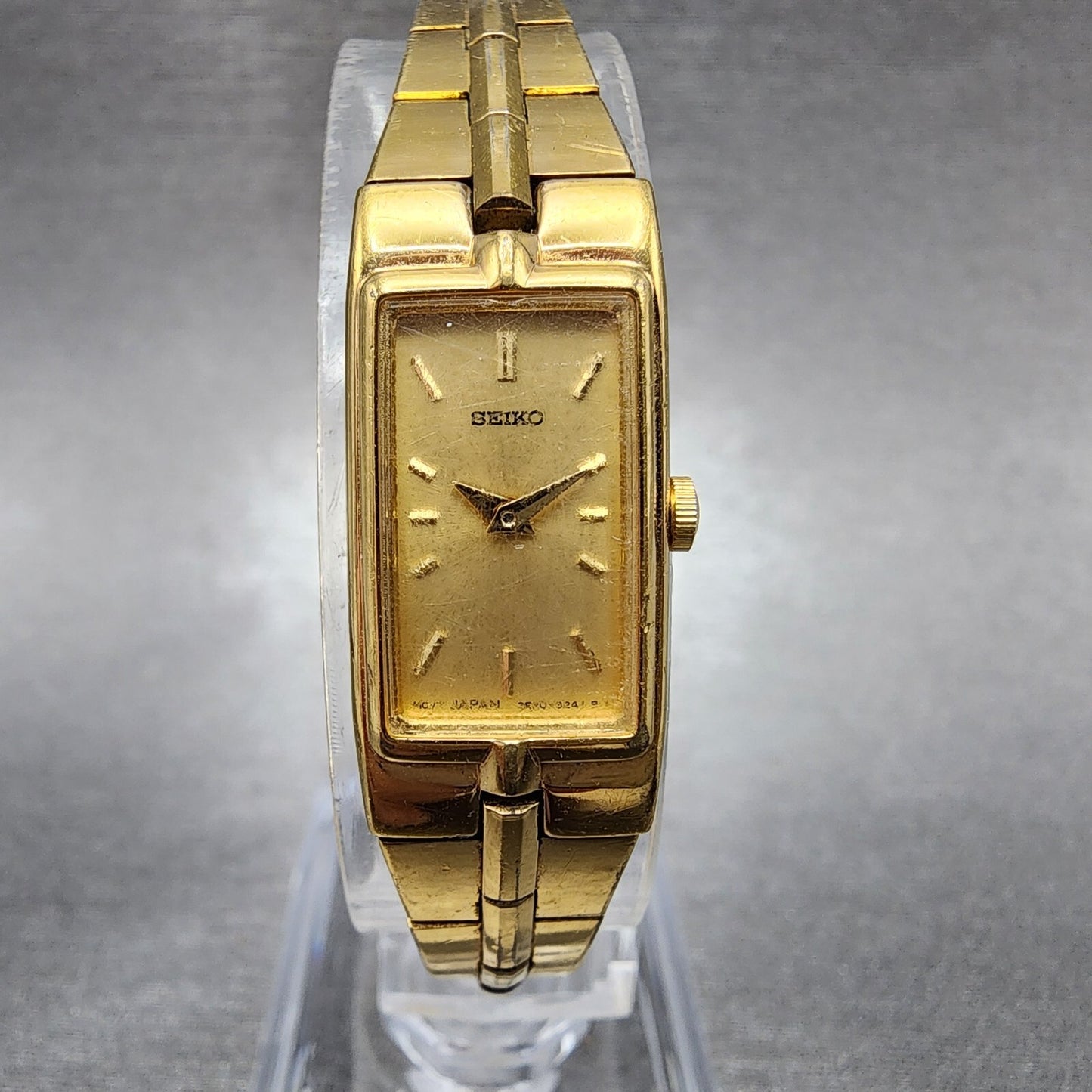 Seiko Watch Women 13mm Gold Dial Gold Tone Rectangle 2E207479 New Battery0