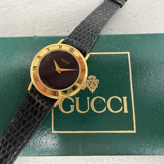 Gucci 3000.2.L Watch Women 26mm Black Dial Gold Plated Round Leather New Battery0
