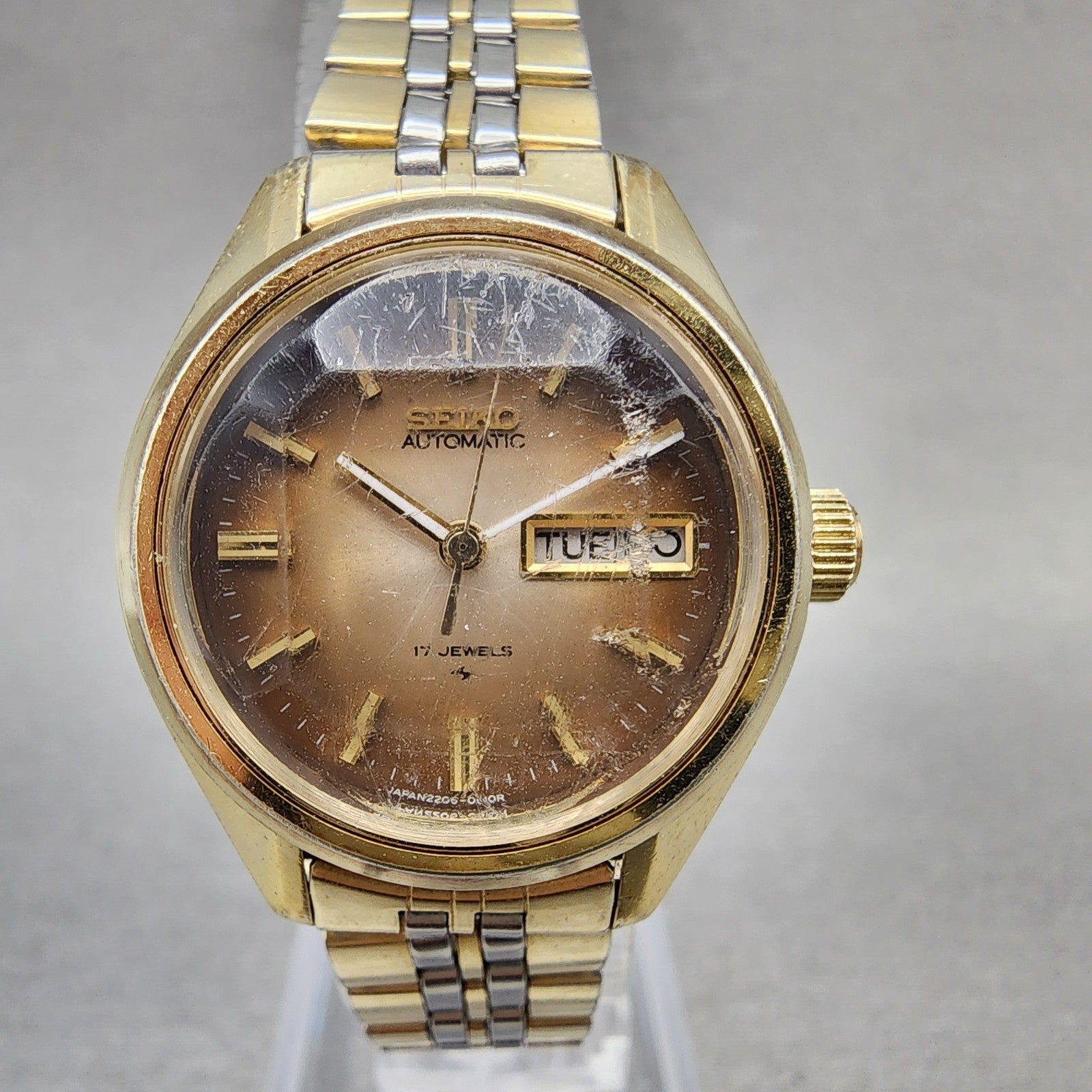 Seiko Automatic Watch Women 27mm Brown Dial Gold Plated Daydate Round READ!!!0