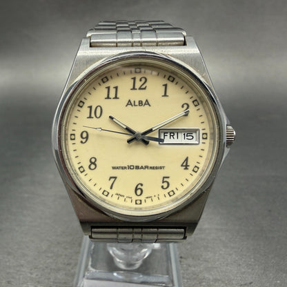 Seiko Alba Watch Men 35mm Luminous Dial Silver Tone Daydate V743-8B10 NewBattery0