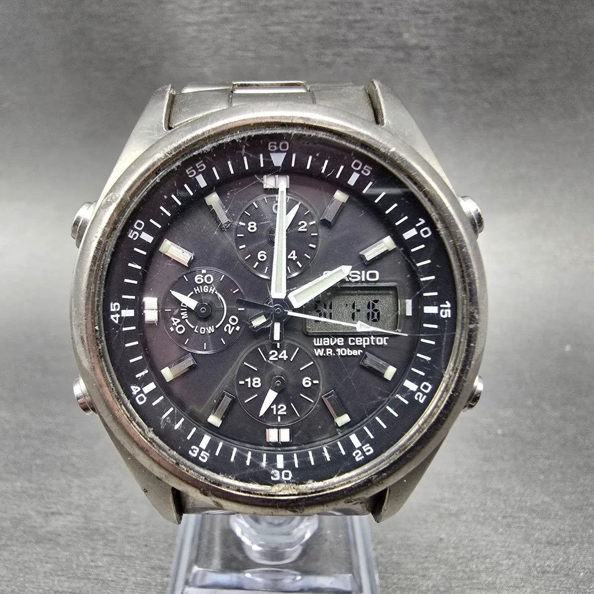 Casio Wave Ceptor WVQ-500 Watch Men 42mm Gray Dial Titanium Alarm Chrono PARTS0