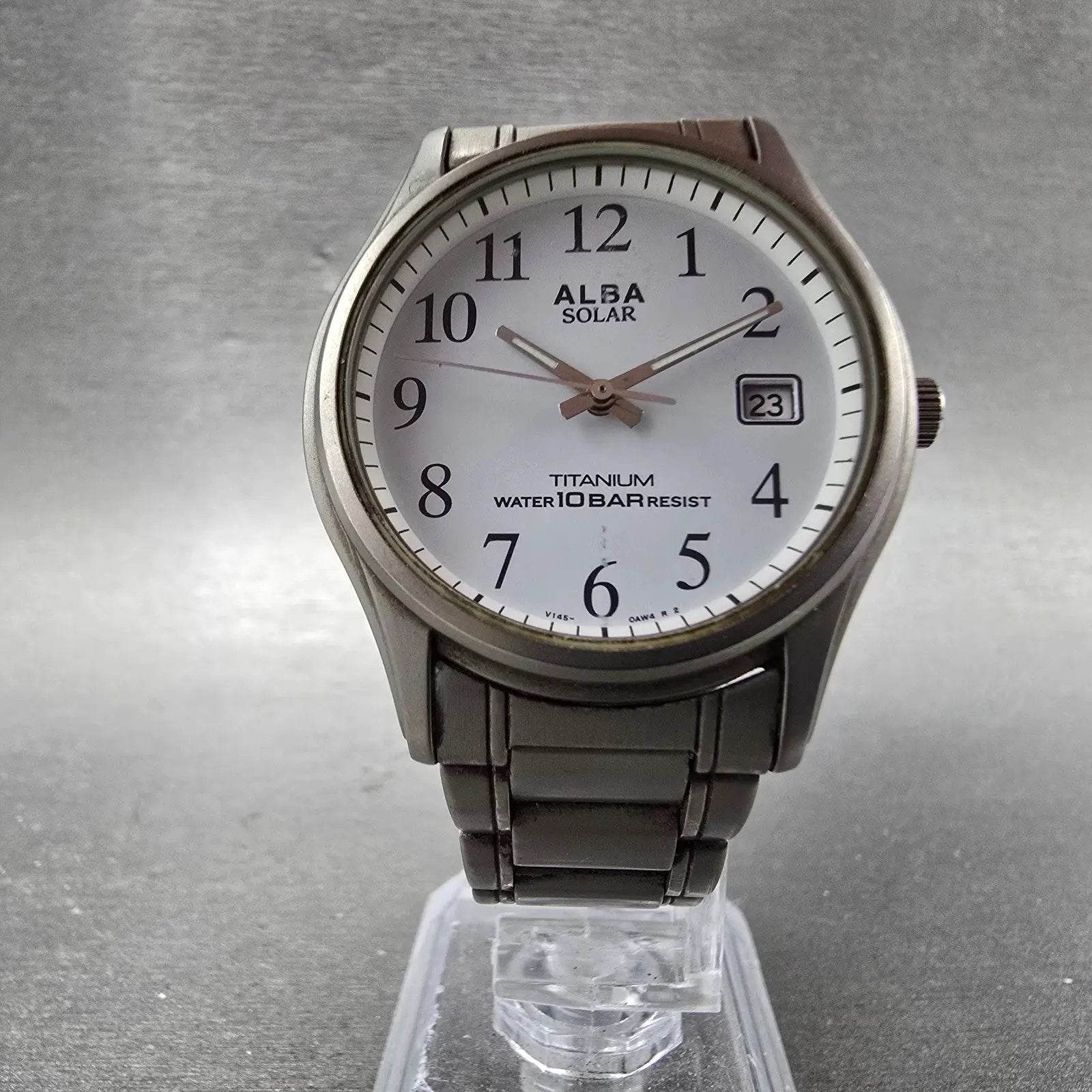 Seiko Alba Solar Watch Men 34mm White Dial Titanium Date V145-0AM0 Runs5