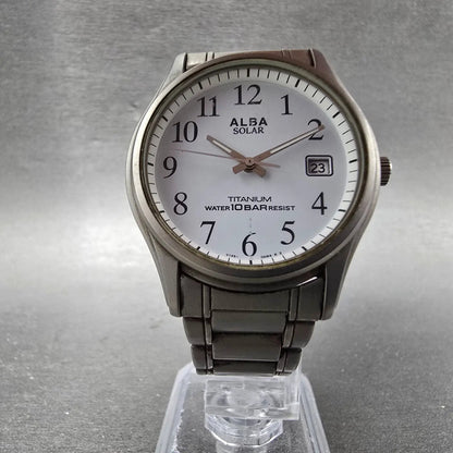 Seiko Alba Solar Watch Men 34mm White Dial Titanium Date V145-0AM0 Runs5