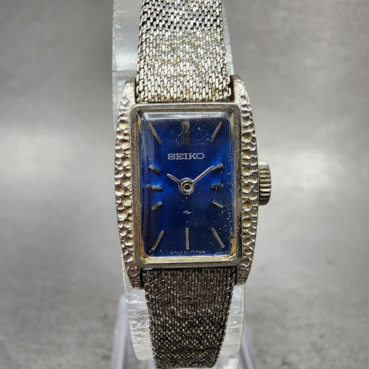 Seiko Tank Watch Women 15mm Blue Dial Silver Tone Rectangle 113189 Manual Runs0