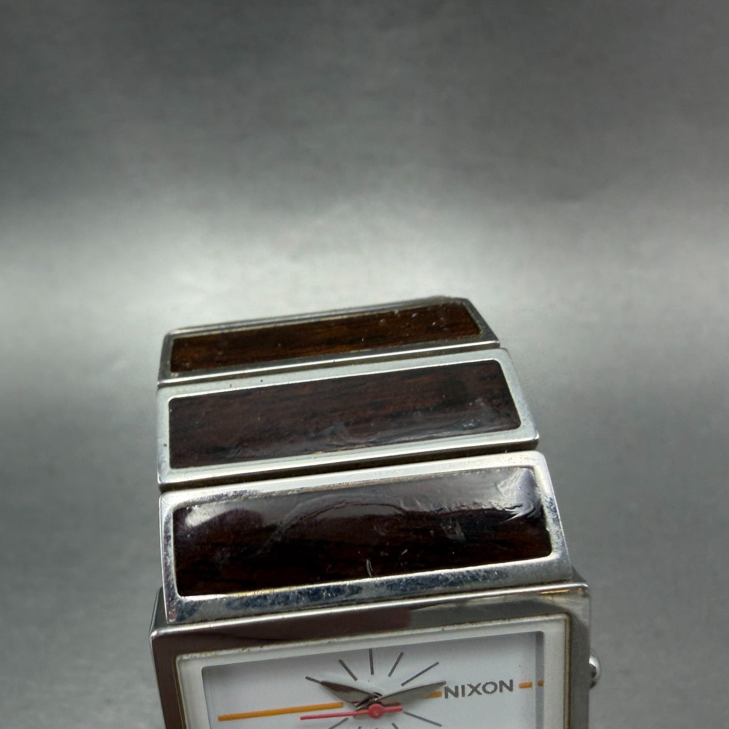 Nixon Chalet Watch Men 30mm White Dial Steel Wood Rectangle New Battery4