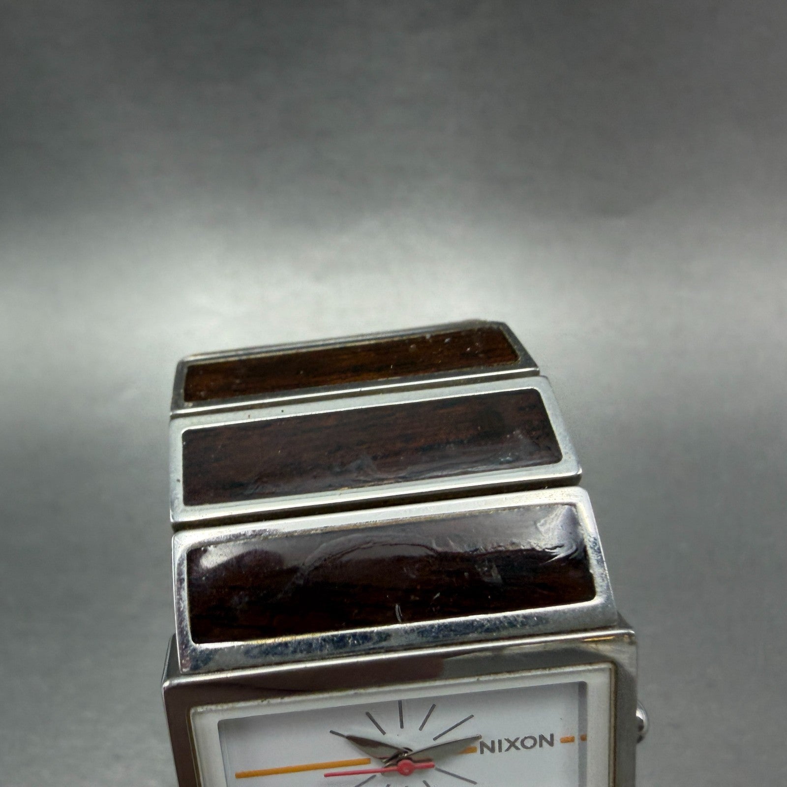 Nixon Chalet Watch Men 30mm White Dial Steel Wood Rectangle New Battery4