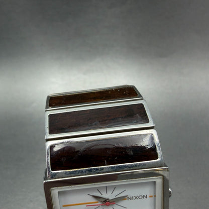 Nixon Chalet Watch Men 30mm White Dial Steel Wood Rectangle New Battery4