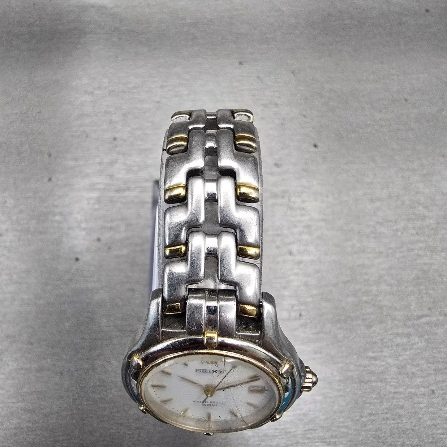 Seiko Watch Women 27mm White Dial Two Tone Date Round 7N82-0599 New Battery VTG4
