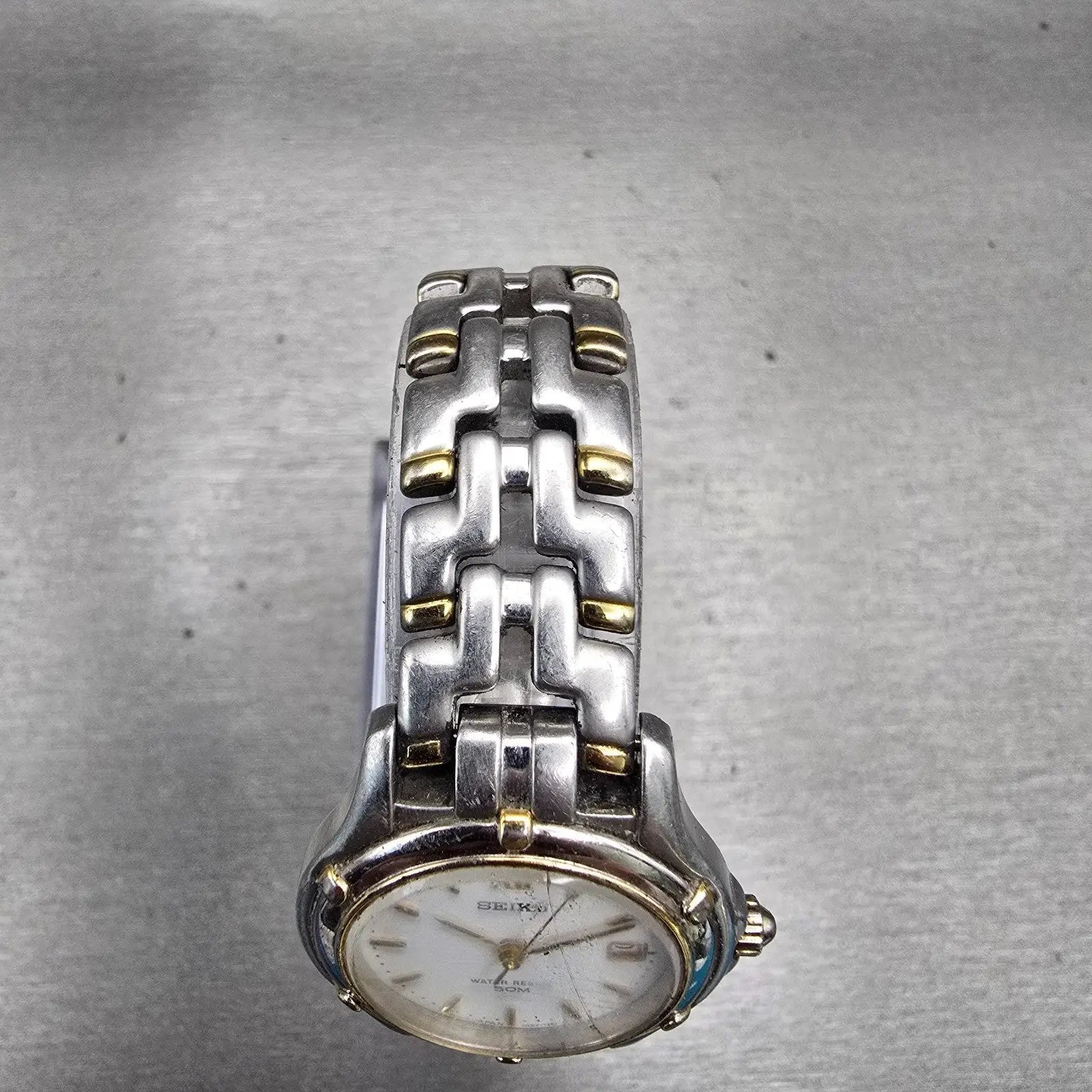 Seiko Watch Women 27mm White Dial Two Tone Date Round 7N82-0599 New Battery VTG4