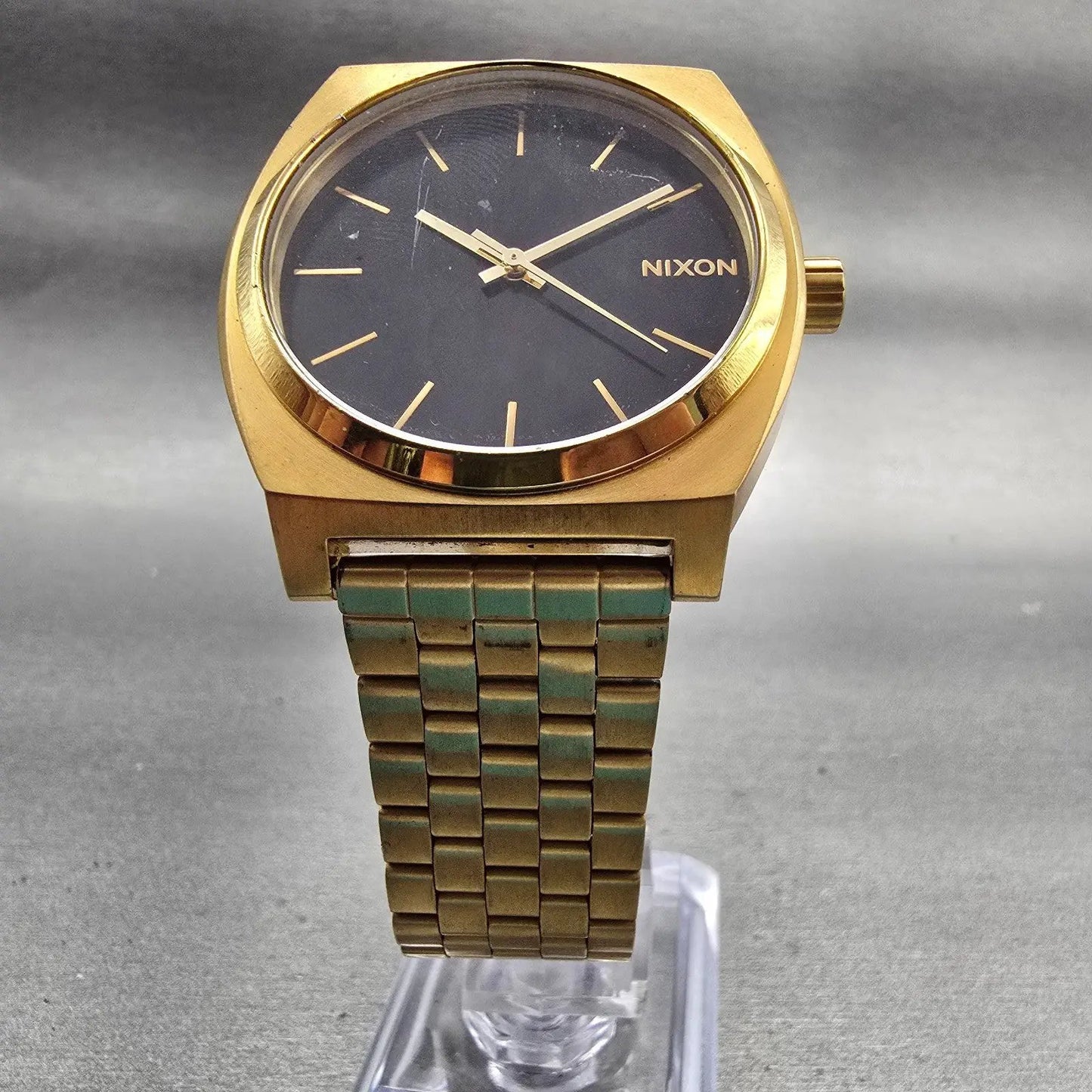 Nixon Time Teller Watch Men 37mm Black Dial Gold Tone Round New Battery5