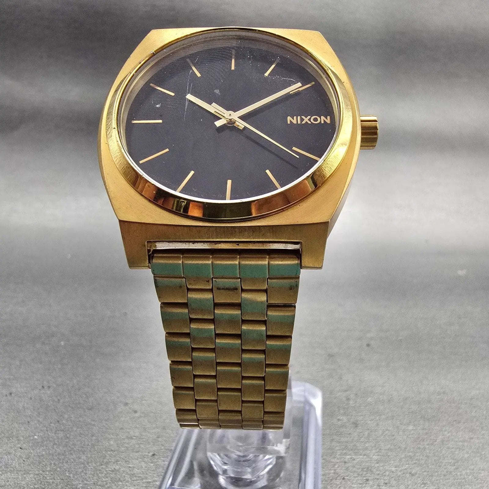 Nixon Time Teller Watch Men 37mm Black Dial Gold Tone Round New Battery5
