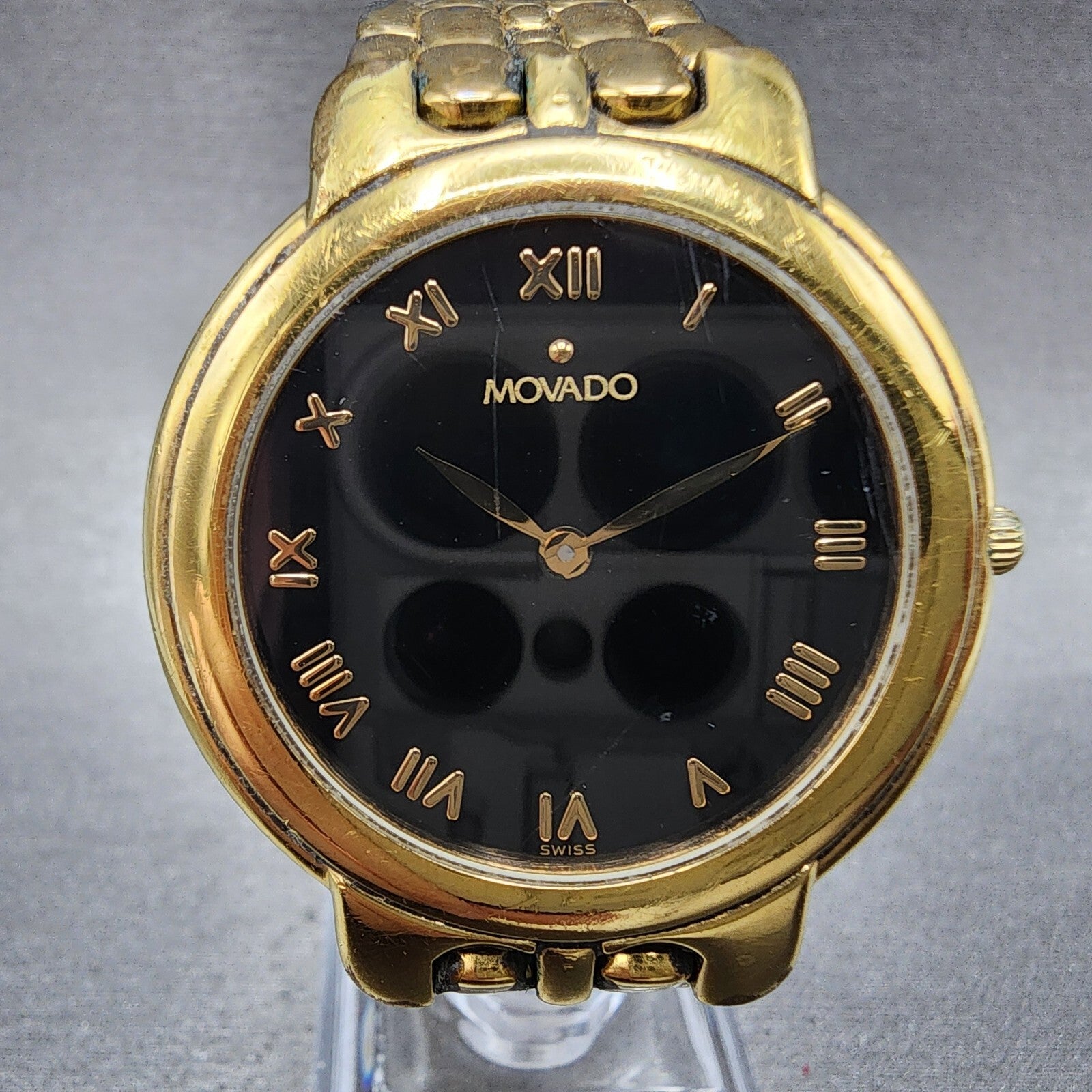 Movado Watch Men 35mm Black Dial Gold Tone Round 87.A2.873 New Battery1