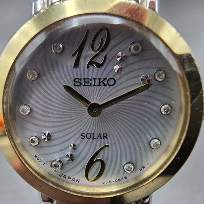 Seiko Solar Watch Women 24mm MOP Dial Two Tone Round V115-0CL0 Runs Crystals1