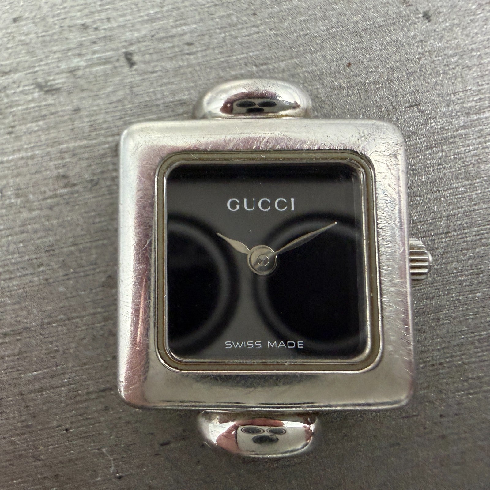 Gucci 1900L Watch Women 19mm Black Dial Silver Tone Square New Battery NO BAND1