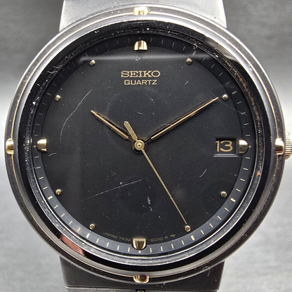 Seiko Watch Men 33mm Gray Dial Two Tone Date Round 7432-6059 New Battery Vintage1