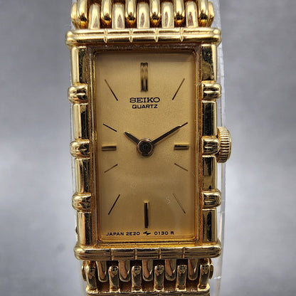 Seiko Tank Watch Women 12mm Champagne Dial Gold Tone 2e205079 New Battery1