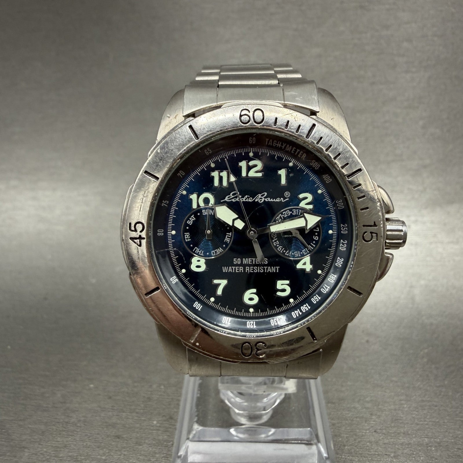 Eddie Baur Watch Men 39mm Blue Dial Silver Tone Daydate Round New Battery0