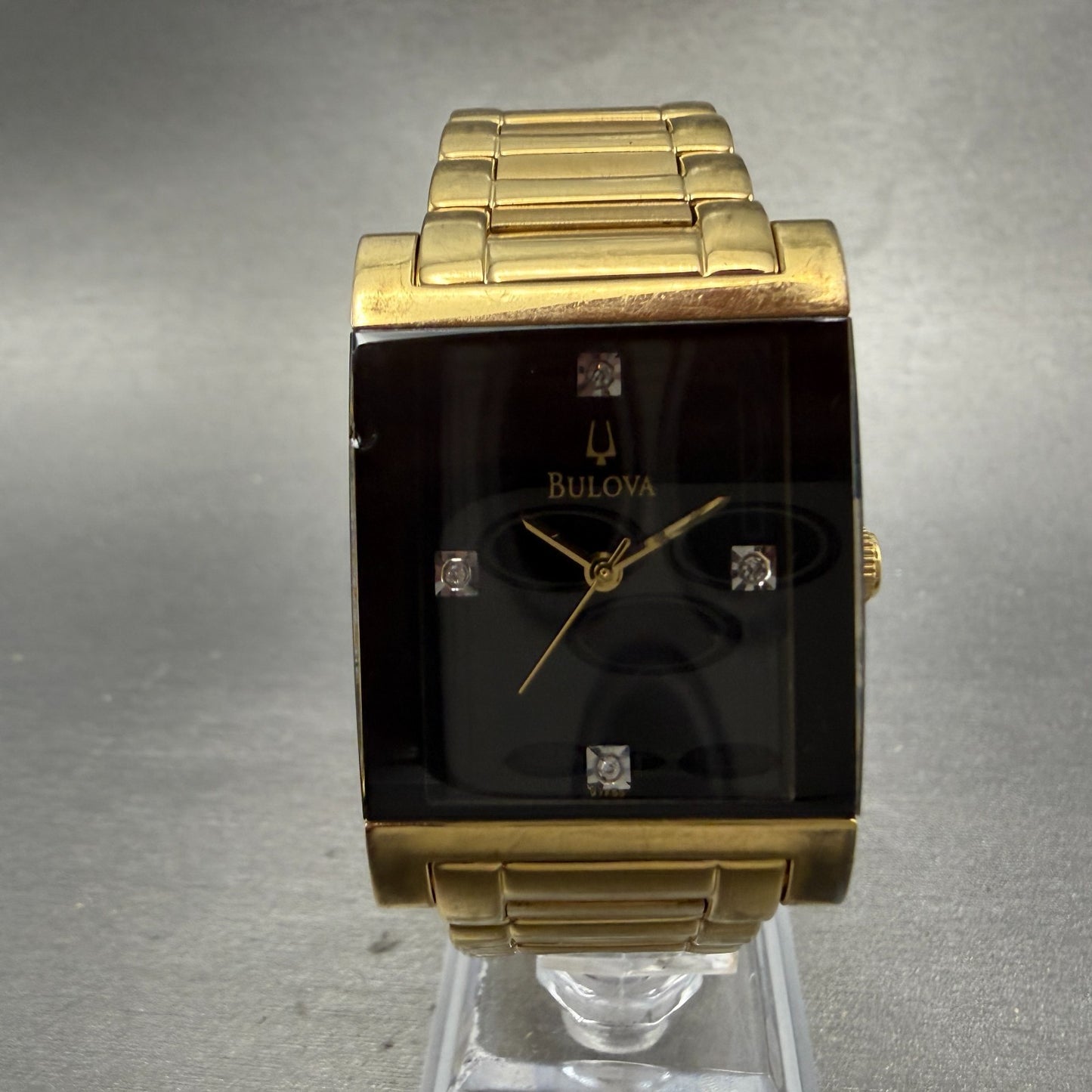 Bulova Tank Watch Men 27mm Black Dial Gold Tone Rectangle 97F50 New battery0