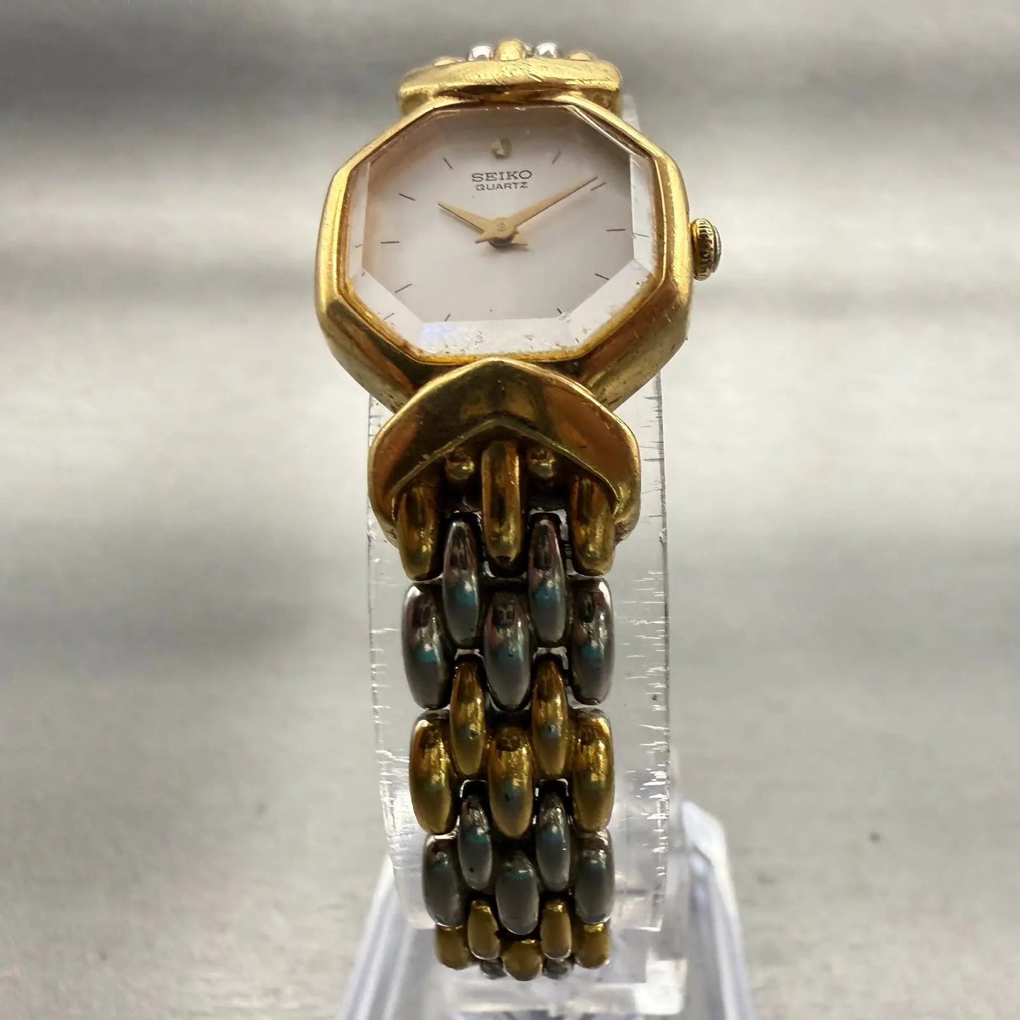 Seiko Watch Women 18mm White Dial Gold Tone Hexagon 4N00-6441 New Battery VTG5