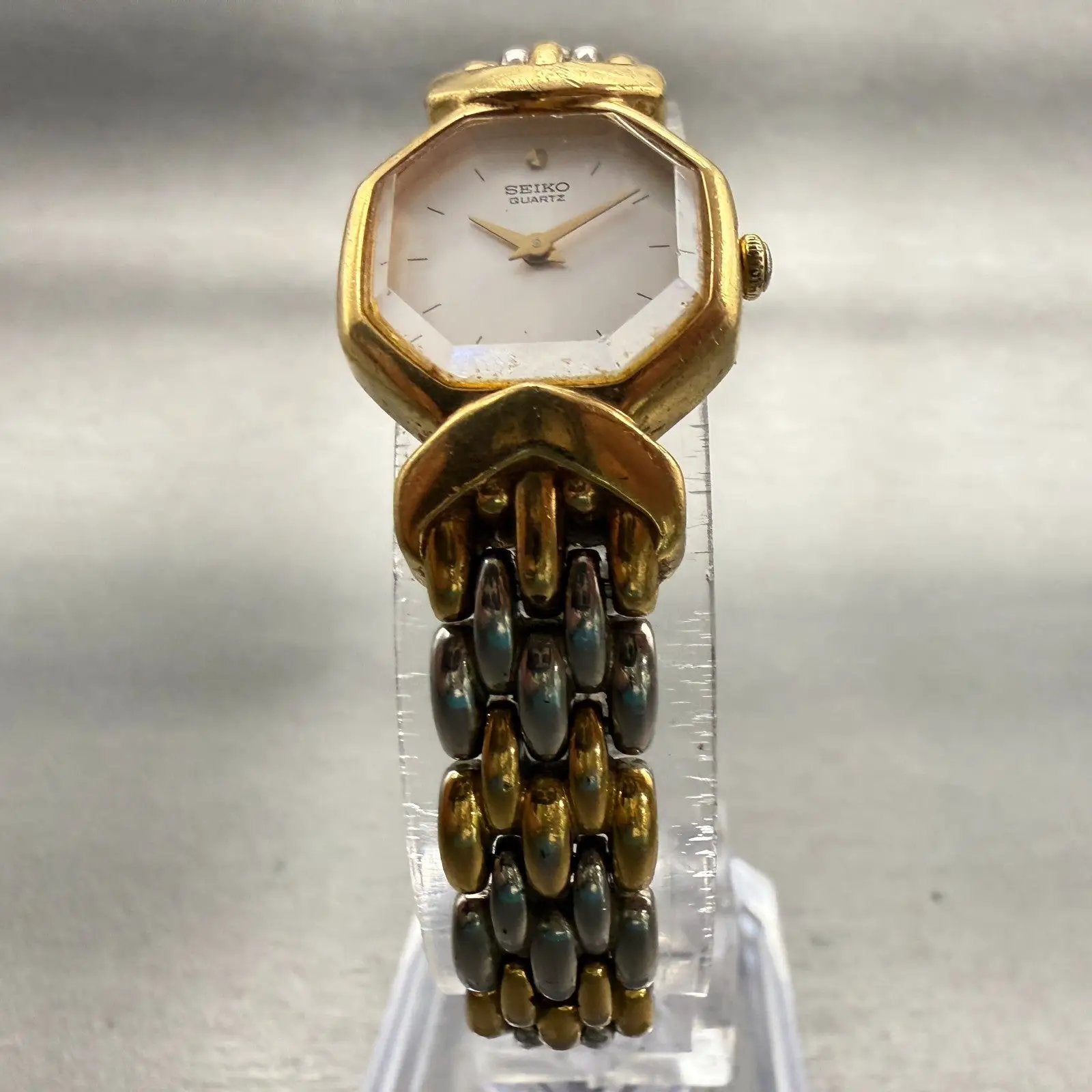 Seiko Watch Women 18mm White Dial Gold Tone Hexagon 4N00-6441 New Battery VTG5