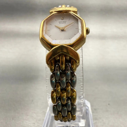 Seiko Watch Women 18mm White Dial Gold Tone Hexagon 4N00-6441 New Battery VTG5