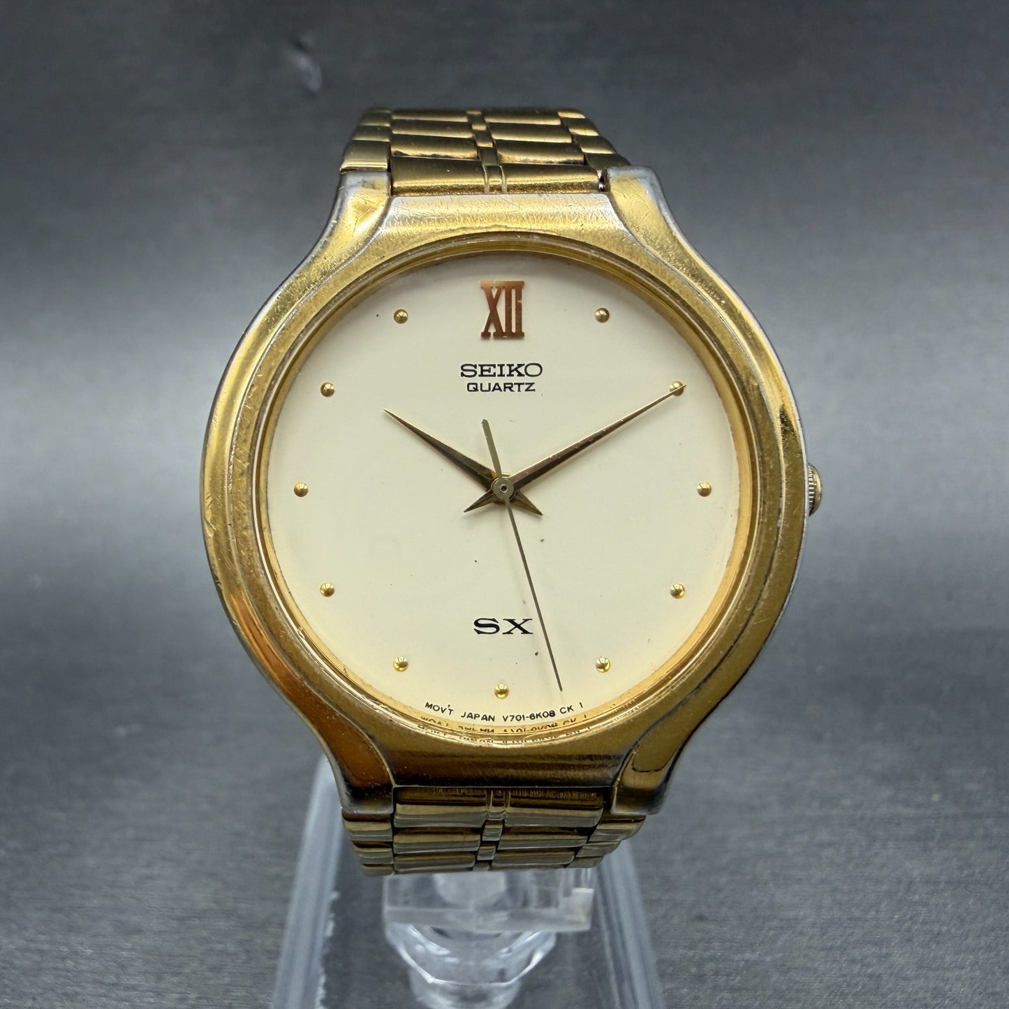 Seiko SX Watch Men 34mm Cream Dial Gold Tone Round Vinatge V701-6K00 New Battery0
