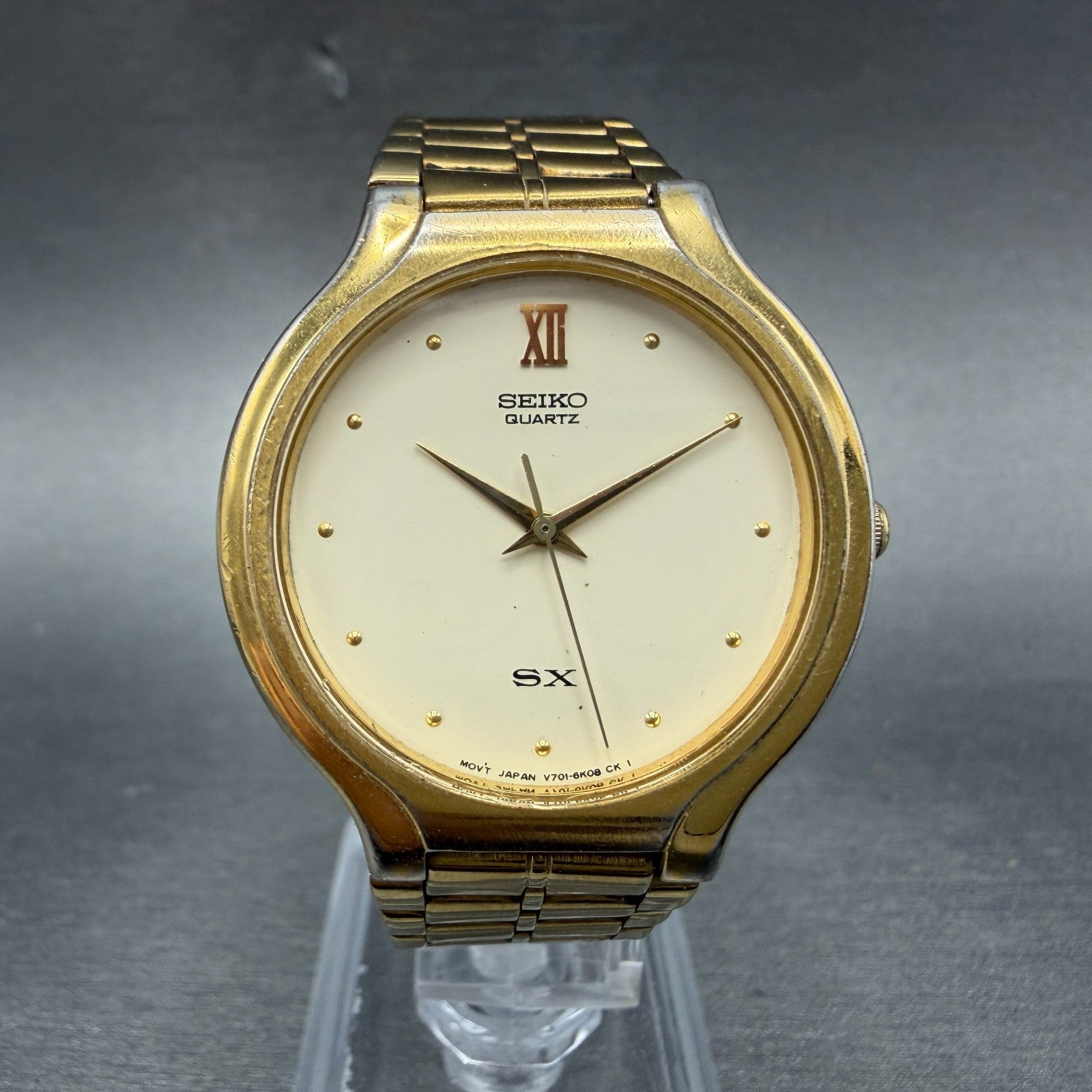 Seiko SX Watch Men 34mm Cream Dial Gold Tone Round Vinatge V701-6K00 New Battery0