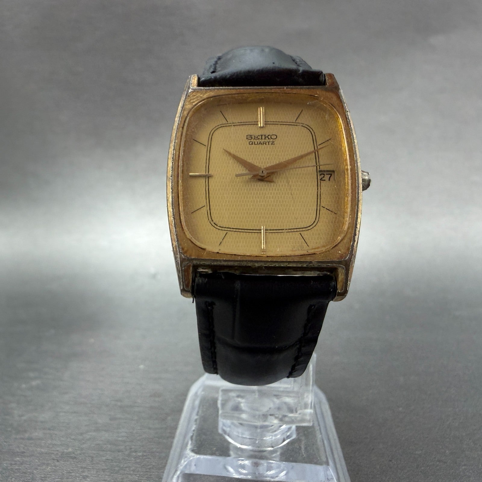 Seiko Tank Watch Men 28mm Champagne Dial Gold Tone Date 6532-5250 New Battery S26