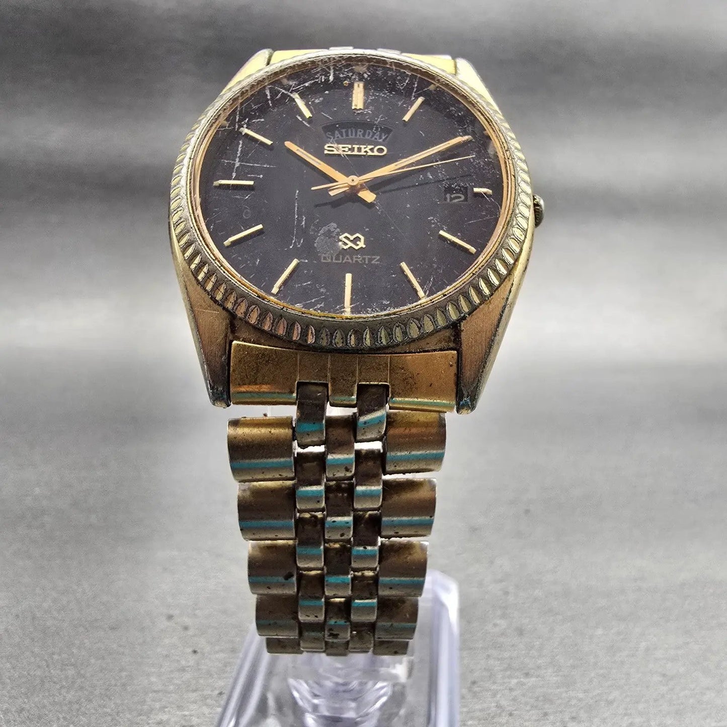Seiko SQ President Watch Men 36mm Black Dial Gold Tone Daydate 5Y23-8A69 New Bat5
