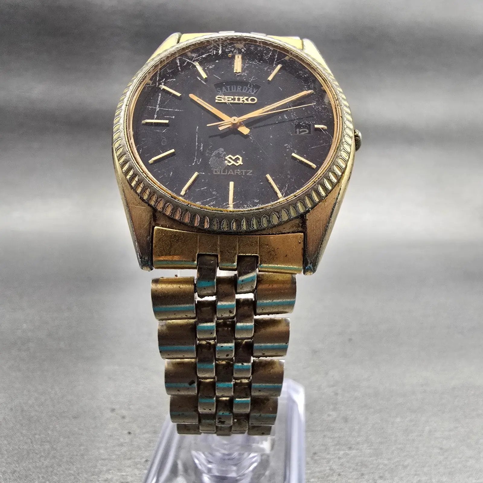 Seiko SQ President Watch Men 36mm Black Dial Gold Tone Daydate 5Y23-8A69 New Bat5