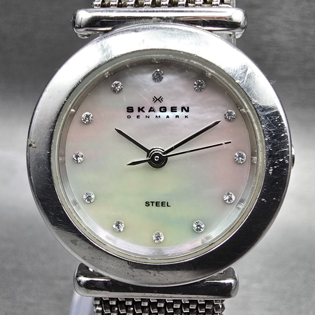 Skagen Watch Women 25mm MOP Dial Silver Tone Round 107SSSMPS Mesh Band New Batt1