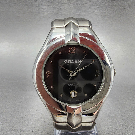 Gruen Watch Men 37mm Gray Dial Silver Tone Date Round PC32 New Battery