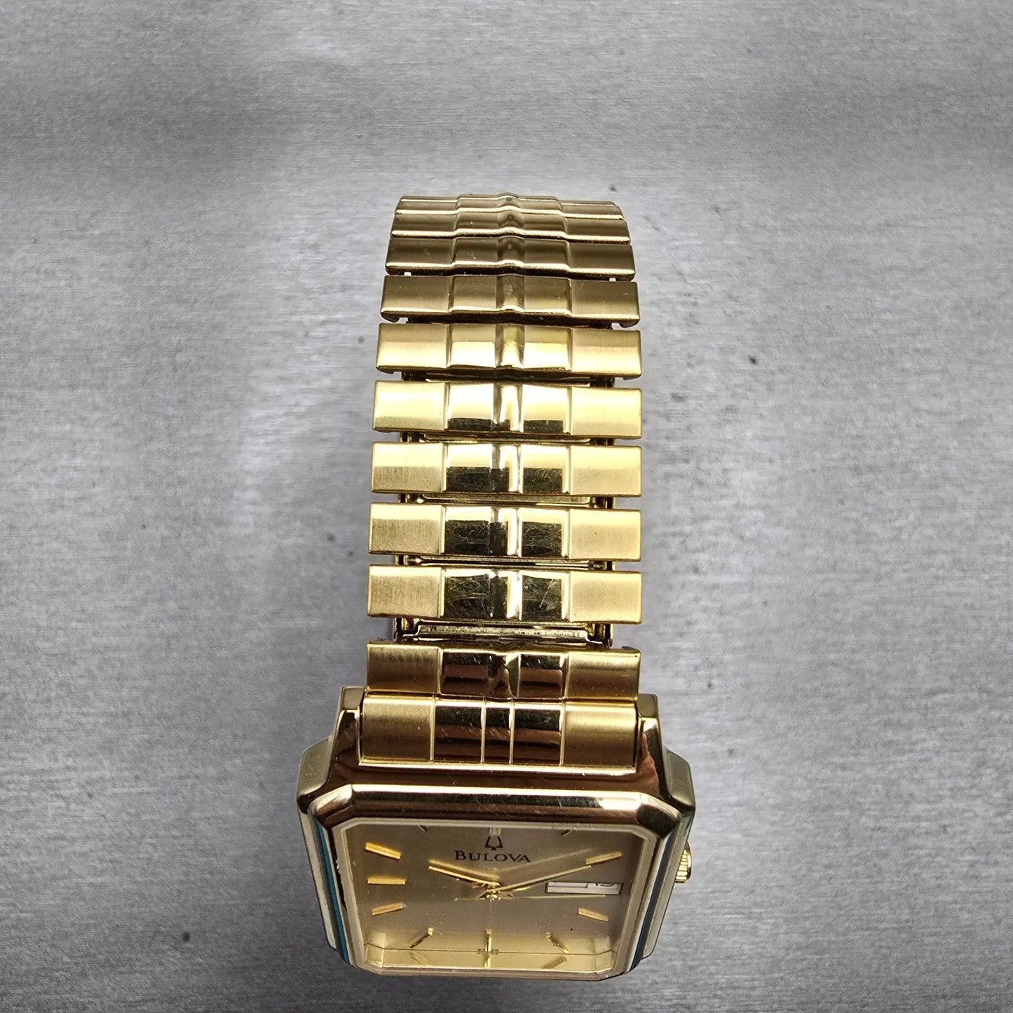 Bulova Watch Men 29mm Gold Dial Gold Tone Daydate Rectangle 97C28 New Battery4