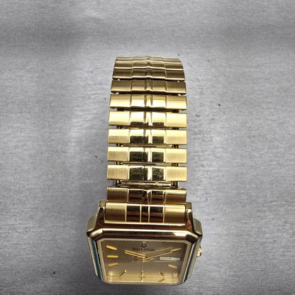 Bulova Watch Men 29mm Gold Dial Gold Tone Daydate Rectangle 97C28 New Battery4