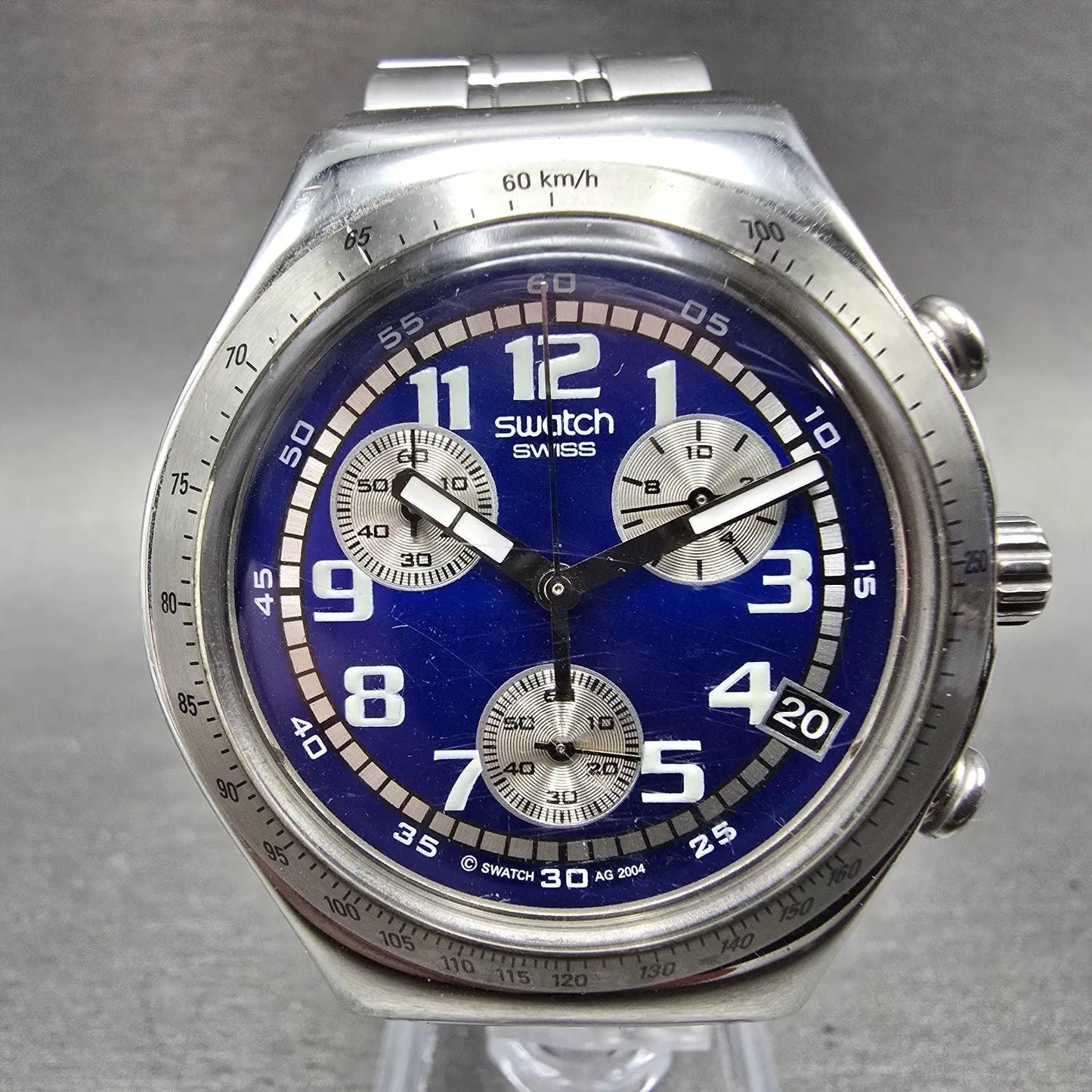 Swatch irony Chrono Silver Thaw Watch Men 40mm Blue Dial Steel Date READ! NewBat0
