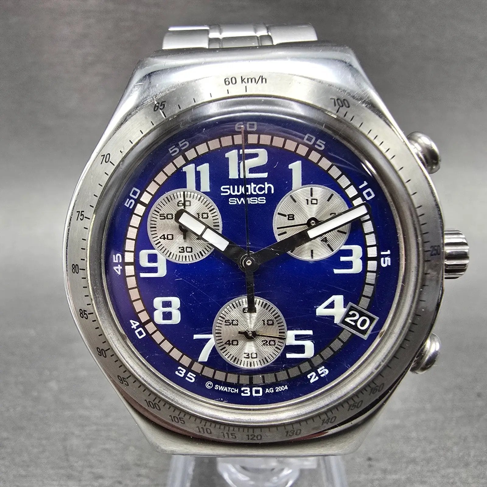 Swatch irony Chrono Silver Thaw Watch Men 40mm Blue Dial Steel Date READ! NewBat0