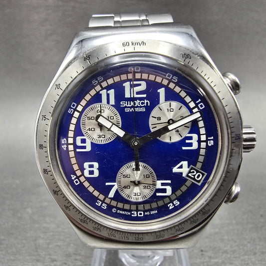 Swatch irony Chrono Silver Thaw Watch Men 40mm Blue Dial Steel Date READ! NewBat0