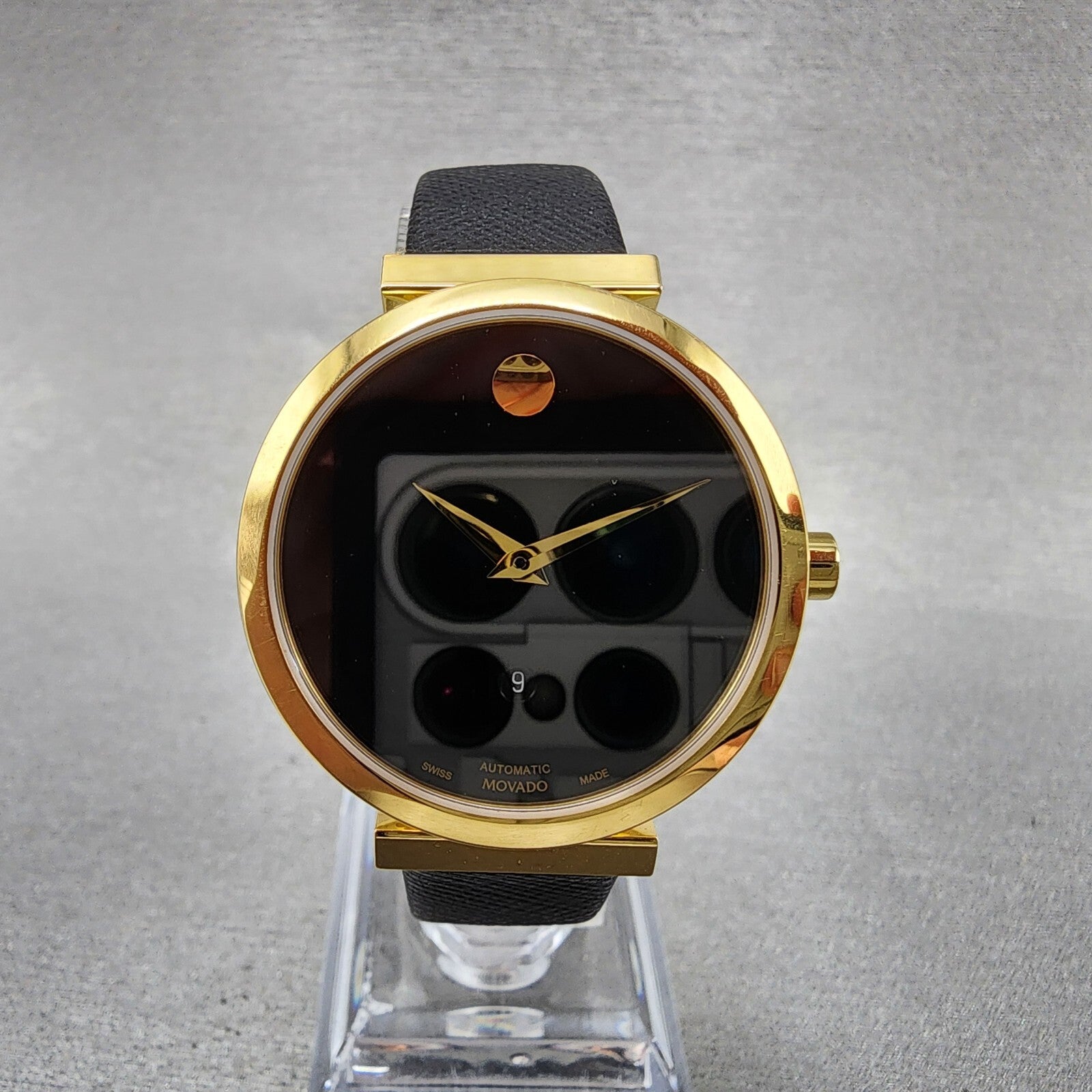 Movado Museum Classic Automatic Watch Women 32mm Black Dial Gold Date Leather0