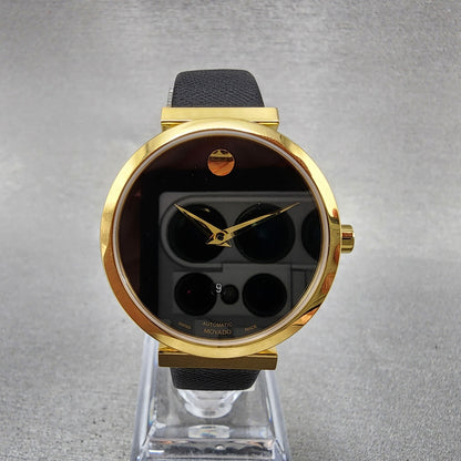 Movado Museum Classic Automatic Watch Women 32mm Black Dial Gold Date Leather0