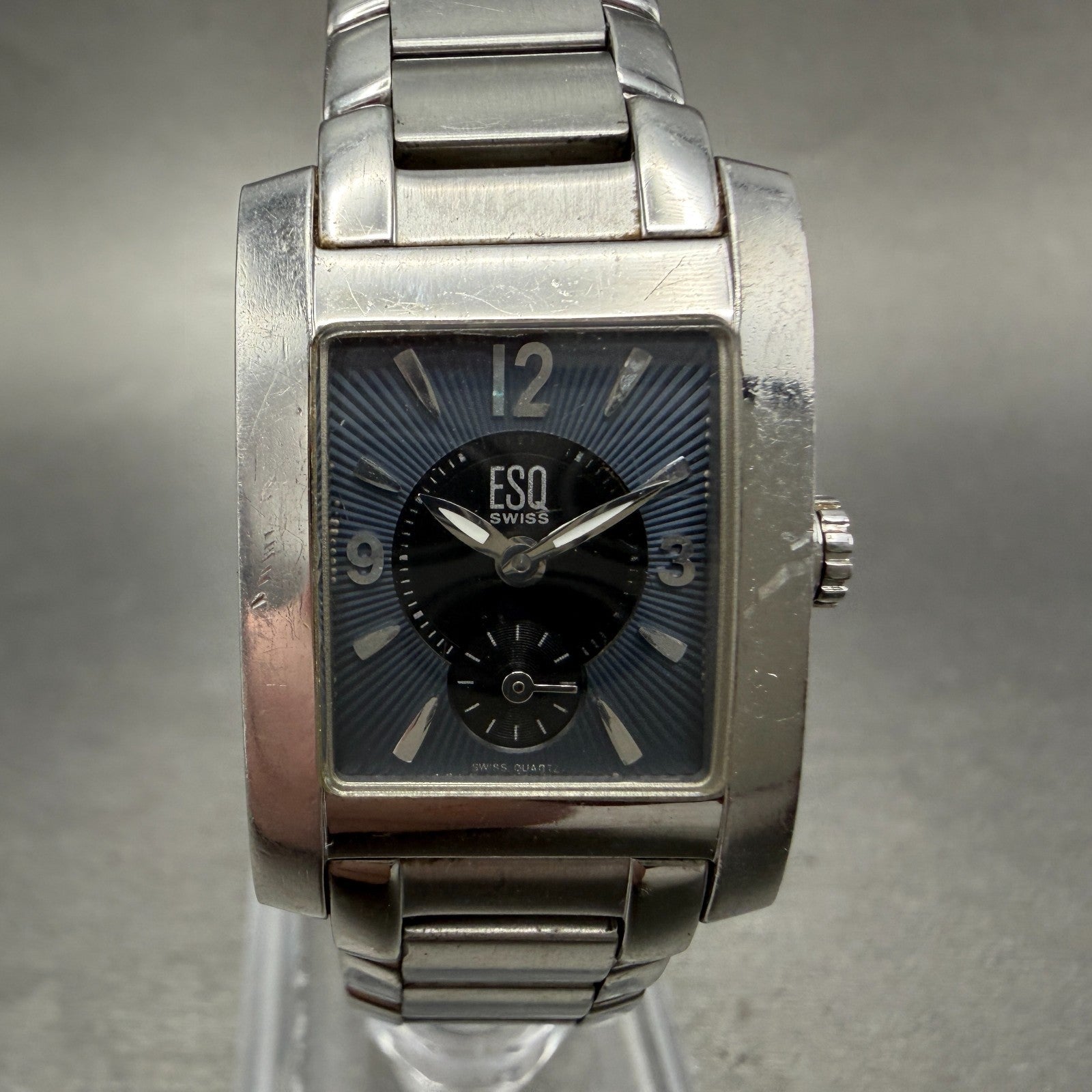 ESQ Tank Watch Women 21mm Blue Dial Silver Tone Small Seconds E5298 New Battery0