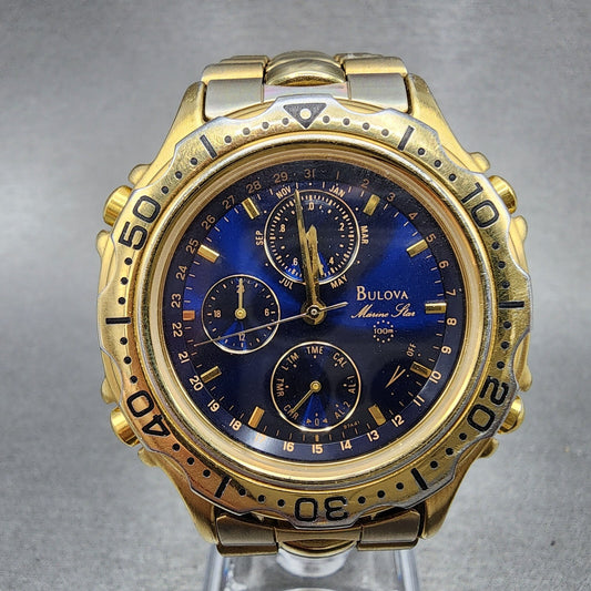 Bulova Marine Star Watch Men 38mm Blue Dial Gold Tone Chronograph 97A41 PARTS0