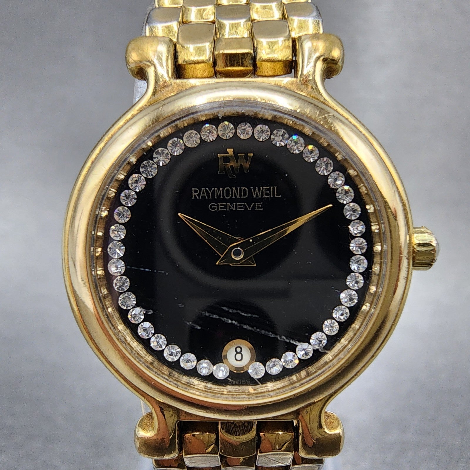 Raymond Weil Watch Women 24mm Black Dial Gold Plated Diamonds 9937 New Battery1