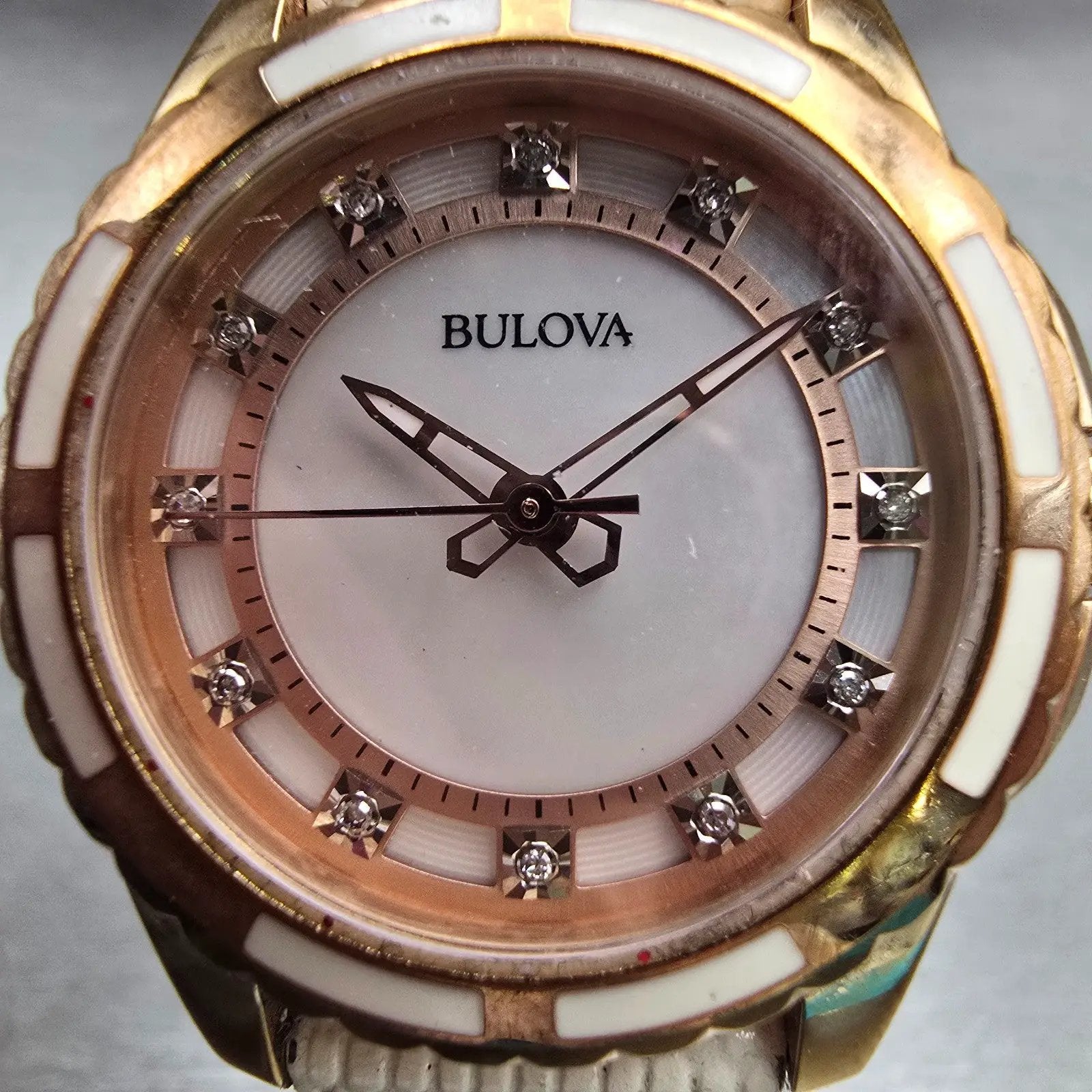 Bulova Watch Women 32mm MOP Dial Rose Gold Tone Diamond Round 98P119 New Battery1