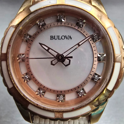 Bulova Watch Women 32mm MOP Dial Rose Gold Tone Diamond Round 98P119 New Battery1
