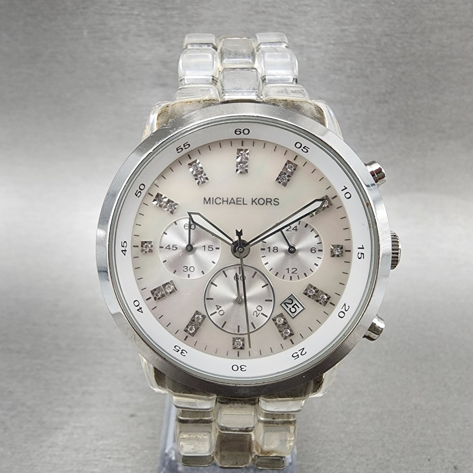 Michael Kors Chronograph Watch Women 43mm MOP Dial Clear Case MK5235 New Battery0