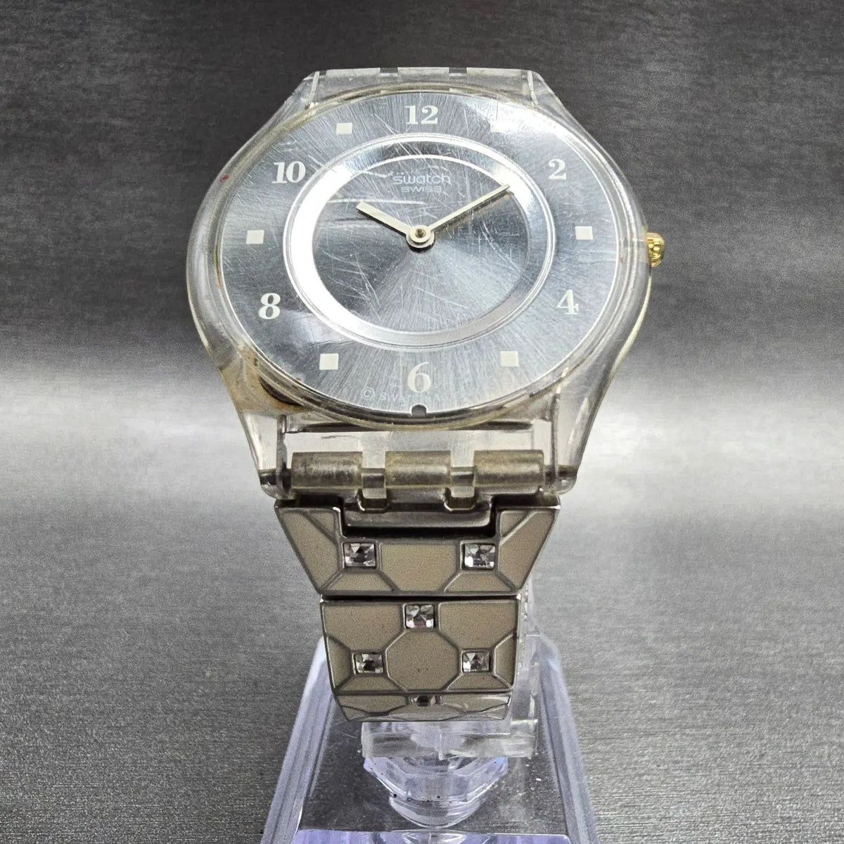 Swatch Elegantly Framed Watch Women 34mm Silver Dial Clear Case SFK356G New Batt5