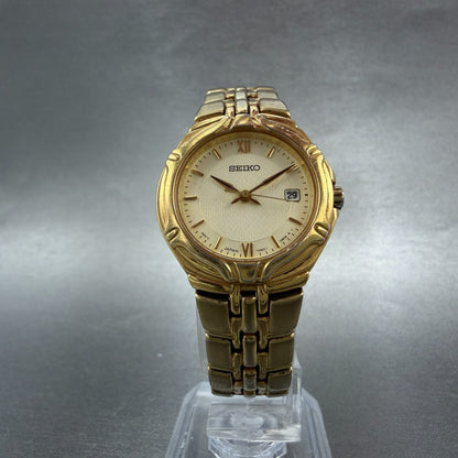 Seiko Watch Women 26mm Champagne Dial Gold Tone Date Round 7n82-0at0 New Battery5