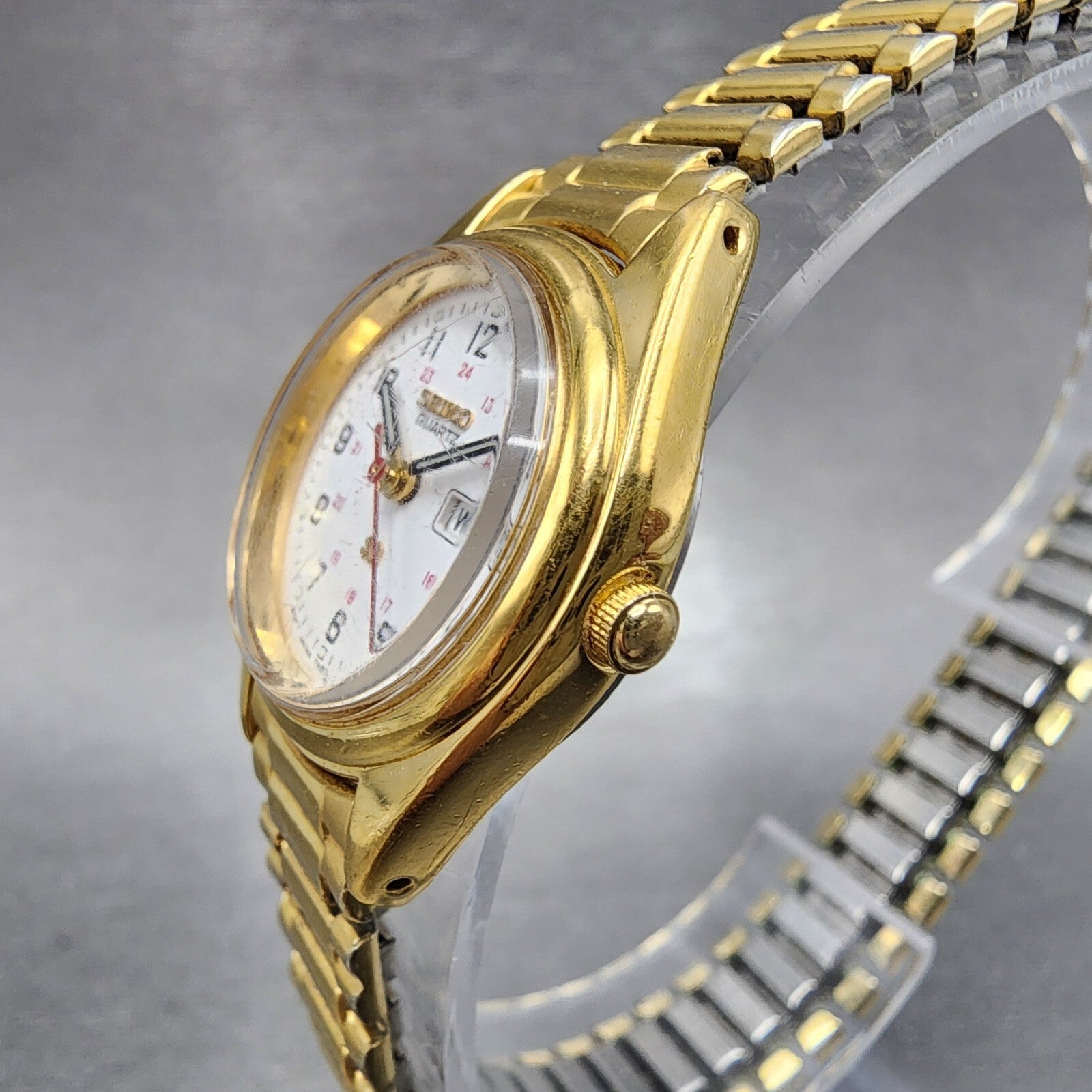 Seiko SQ Watch Women 24mm White Dial Gold Tone Daydate Round 7N836A09 New Batt2