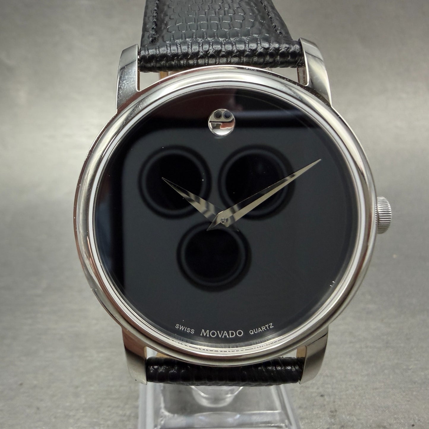 Movado Museum Watch Men 39mm Black Dial Steel Round Leather 2100002 New Battery20