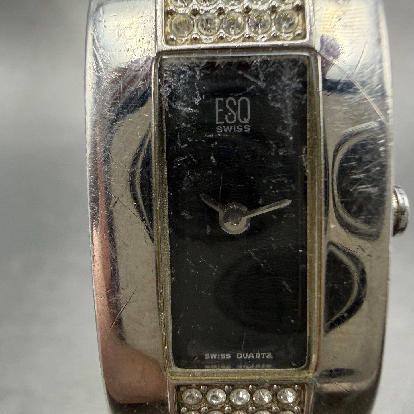 ESQ Tank Watch Women 17mm Black Dial Silver Tone Rectangle Crystals New BatteryA1
